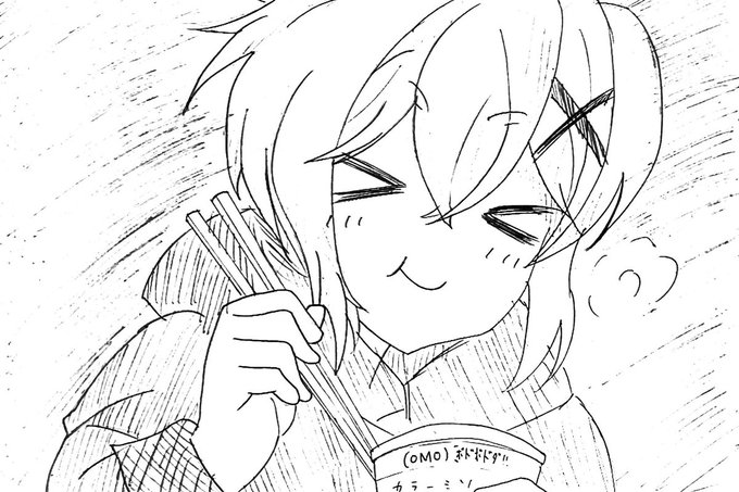 #このタグ見た人は食べ物を持ったキャラを貼る 昔描いたカレーめん食べる切ちゃん(ユルキャントレス)