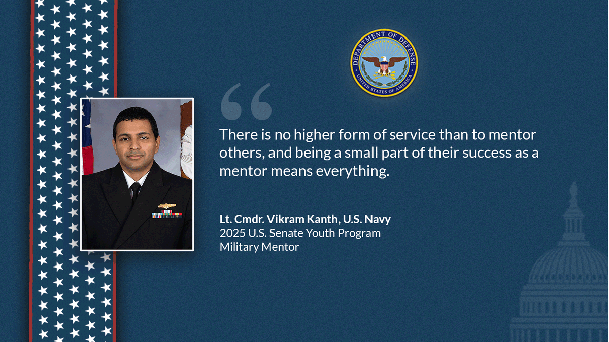 DoD_Outreach's tweet photo. Meet @USNavy Lt. Cmdr. Vikram Kanth, who is honored to participate in the 2025 #USSYP joint force military mentor cohort and inspire the @SenateYouth student delegates, the future leaders of our nation. https://t.co/GorXQgkJlM