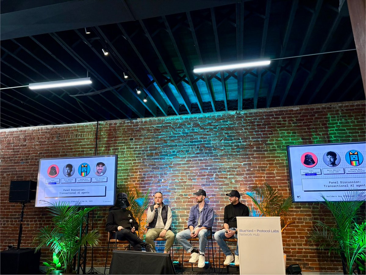 Why do we need crypto for AI Agents? What's the difference between agents and bots? What's the most innovative thing for AI agents that we haven't seen yet?

<a href="/0xbury/">Stefano Bury 🇺🇸</a> sharing some fire content at the {ok} builders day panel on Transactional AI Agents with <a href="/VaderResearch/">VaderResearch 🦾</a> from