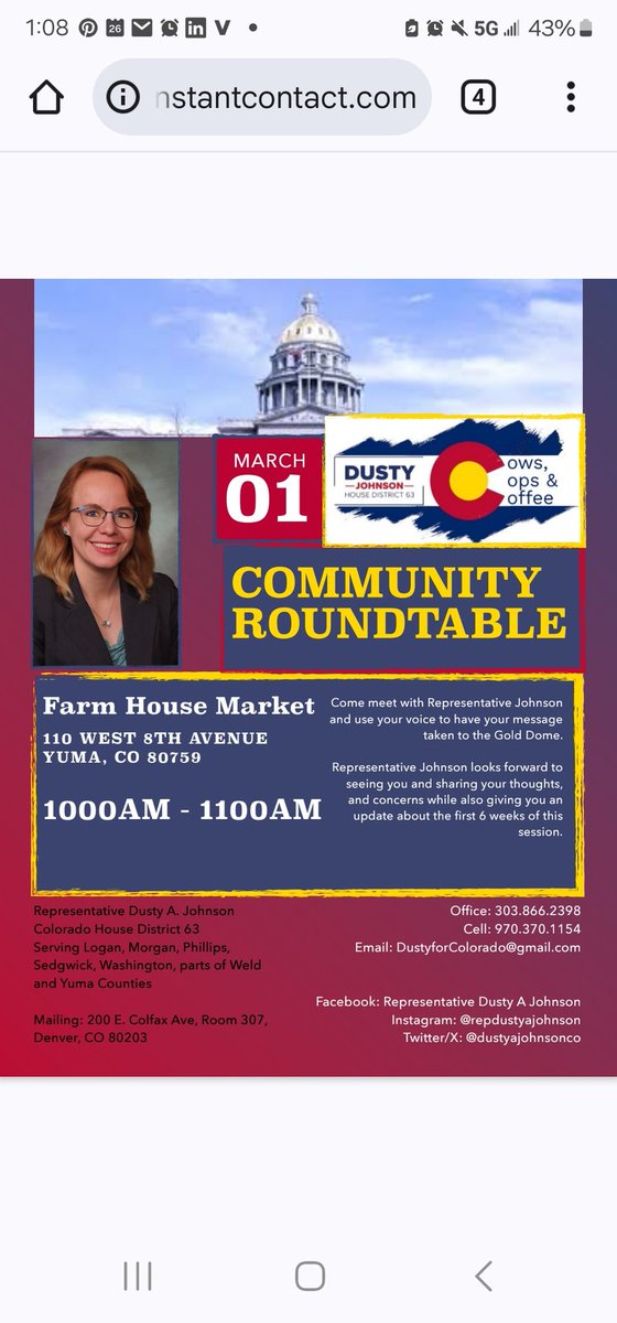 DustyAJohnsonCO's tweet image. UPCOMING Community Roundtable this Saturday, March 1st, from 10:00AM to 11:00AM at Farm House Market in Yuma. I hope to see you there!
#HD63 #ComeToTheTable #RoundtableDiscussion #VoiceFromPlainsToGoldDome
