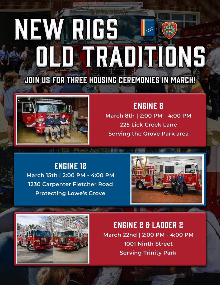 It’s almost time to celebrate our new rigs!

Next month, we will be holding three Housing Ceremonies for our new fire trucks - starting with Engine 8 on March 8th 🚒

These events are free to the public and refreshments will  be provided

Come and help us make DFD history 🔥🔥🔥