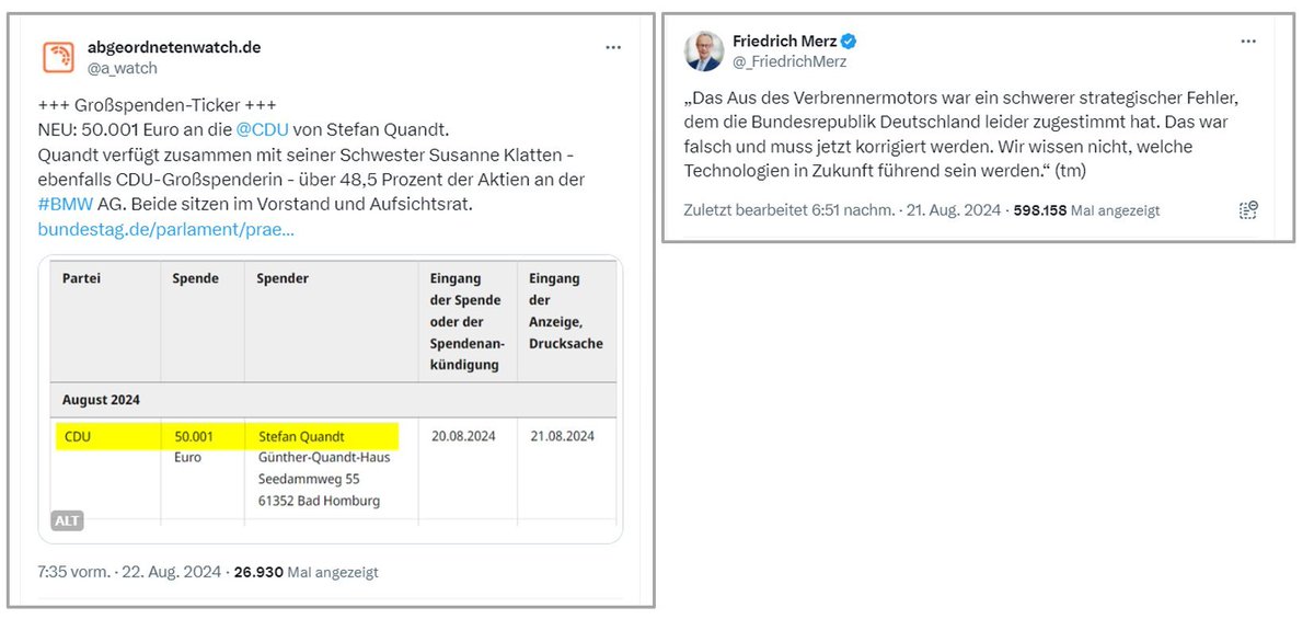 Wenn Kristina Schröder und Stefan Quandt (BMW) gemeinsam in einem Vorstand sitzen, darf man sich dann darüber wundern, dass die CDU eine größere Spende erhalten hat, direkt einen Tag, nachdem Merz ein Hohelied auf Verbrenner gesungen hatte?