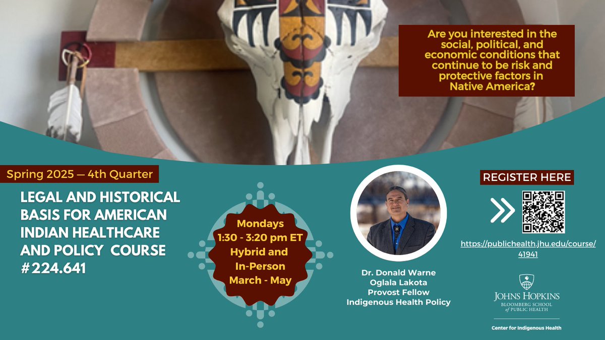 If you are interested in health policy, consider taking "Legal and Historical Basis for American Indian Healthcare and Policy" at <a href="/JohnsHopkinsSPH/">Johns Hopkins Bloomberg School of Public Health</a>. Register by March 16th with the QR code or publichealth.jhu.edu/course/41941. 
#indigenouseducation #indigenouseducators