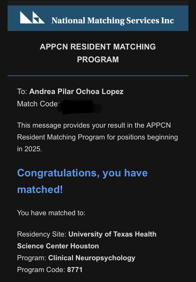 A week after #APPCN Match Day, I’m happy to finally share that I will be joining the UTHealth Houston team this fall as a postdoctoral fellow in Neuropsychology! Grateful for the opportunity to serve the Houston community again alongside some wonderful human beings. 🎉
