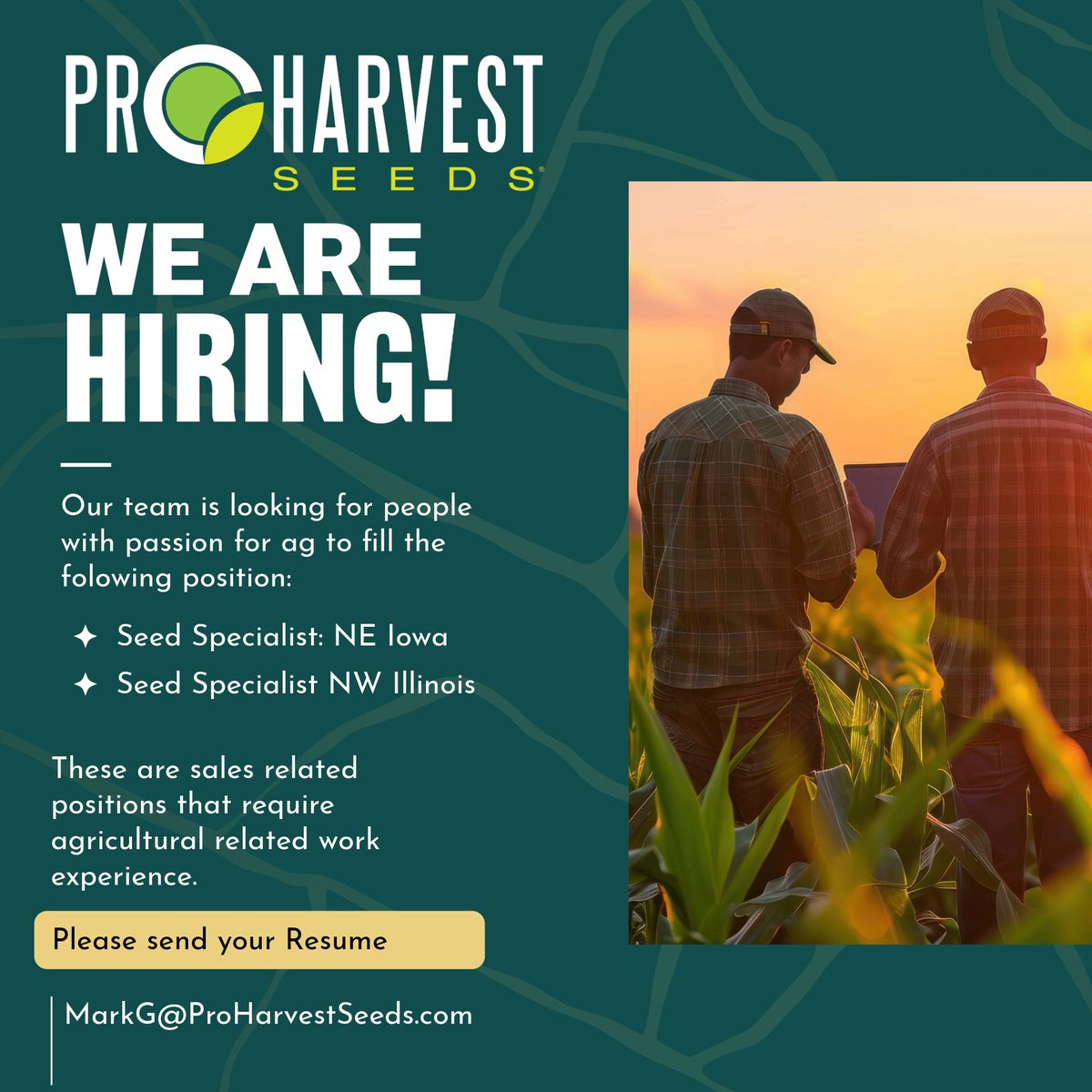 ProHarvest's core values revolve around honesty, integrity, and strong values. We want our customers to have a simple experience with high quality product and top shelf service. 
Interested? Know someone who would be a perfect fit? 
Email MarkG@proharvestseeds.com