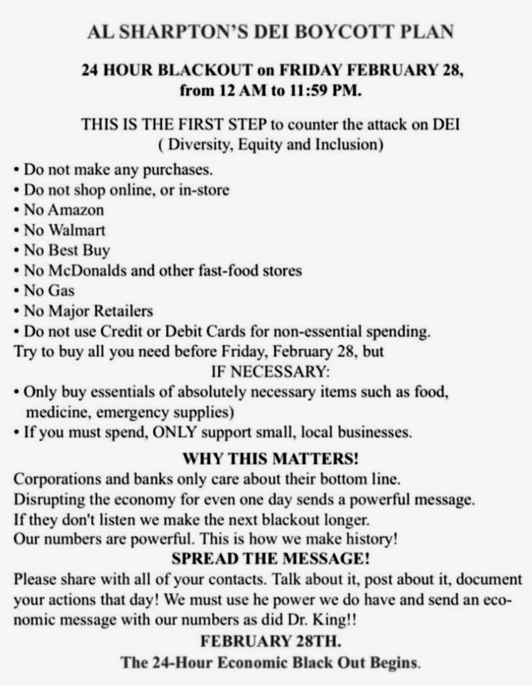 PATRIOTS…. Mark Your Calendars!  This Friday, February 28, from 12 AM til Midnight  —  Sounds like a GREAT day to shop online OR in-person (YAY!). No crowds or lengthy waits. THANKS, Al Sharpton😉