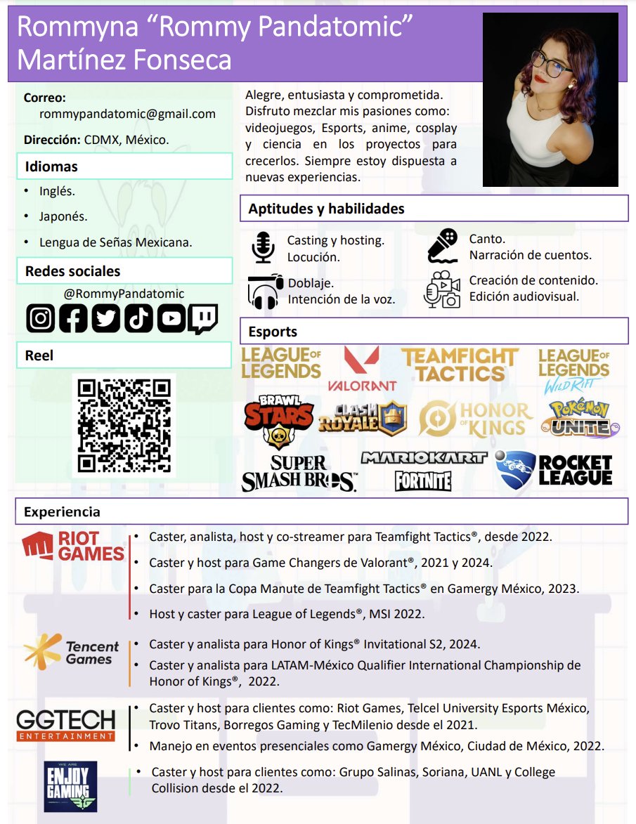 ¡Hola mundillo🌎! Me encuentro activa como caster/host y CDC con agenda abierta para participar en eventos y torneos. Por lo que, les dejo mi CV aquí y mis DMs abiertos 💌.
¡Muchas gracias!  🐼💕
Se agradacen RT's .