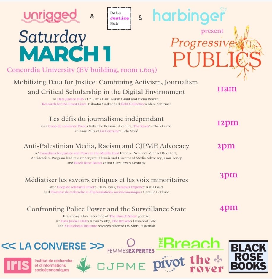 André Goulet (@andremarrgoulet) on Twitter photo Super excited to be producing <a href="/unriggedmedia/">unrigged</a>'s Montreal PROGRESSIVE PUBLICS SYMPOSIUM w/
<a href="/CJPME/">Canadians for Justice and Peace in the Middle East</a>
<a href="/TheBreachMedia/">The Breach</a>
<a href="/DataJusticeHub/">Data Justice Hub is now on Bluesky</a>
<a href="/laconversemedia/">La Converse</a>
<a href="/newfeelingcoop/">NEW FEELING</a>
<a href="/IRISrecherche/">Institut de recherche et d'informations socioéco.</a>
<a href="/SocialJusticeCU/">Social Justice Centre</a>
<a href="/Harbingertweets/">Harbinger Media Network</a>
+ more come stop by!
RSVP at ⬇️⬇️⬇️ eventbrite.ca/e/progressive-… Super excited to be producing <a href="/unriggedmedia/">unrigged</a>'s Montreal PROGRESSIVE PUBLICS SYMPOSIUM w/
<a href="/CJPME/">Canadians for Justice and Peace in the Middle East</a>
<a href="/TheBreachMedia/">The Breach</a>
<a href="/DataJusticeHub/">Data Justice Hub is now on Bluesky</a>
<a href="/laconversemedia/">La Converse</a>
<a href="/newfeelingcoop/">NEW FEELING</a>
<a href="/IRISrecherche/">Institut de recherche et d'informations socioéco.</a>
<a href="/SocialJusticeCU/">Social Justice Centre</a>
<a href="/Harbingertweets/">Harbinger Media Network</a>
+ more come stop by!
RSVP at ⬇️⬇️⬇️ eventbrite.ca/e/progressive-…
