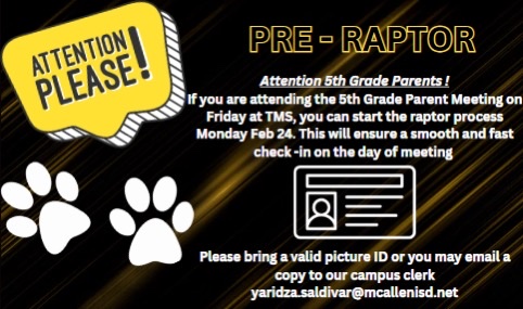 🚨 Attention Parents! 🚨

Before the parent meeting on Friday for students heading to Travis, please make sure to start your Raptor process prior to check-in. Let’s get it done ahead of time to keep things smooth and stress-free!