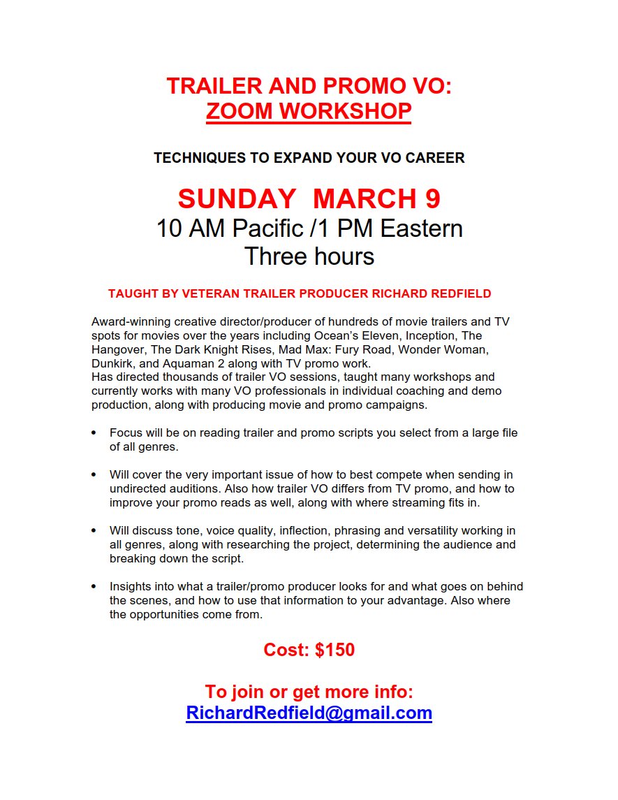 Spring's here &amp; with it… new learning for my VO peers &amp; colleagues… my friend &amp; widely respected producer Richard Redfield, has a forthcoming online seminar on the world of PROMO &amp;  TRAILER. I invite you to contact Richard if interested…
#voiceover #trailer #promo #training