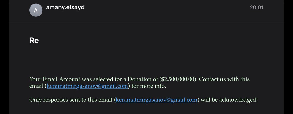 Si estos próximos días no me veis por aquí es que estaré gestionando esta donación que le han dado a mi correo electrónico.
(Dejo la dirección por si queréis preguntarle si también vuestra cuenta de correo ha sido seleccionada).