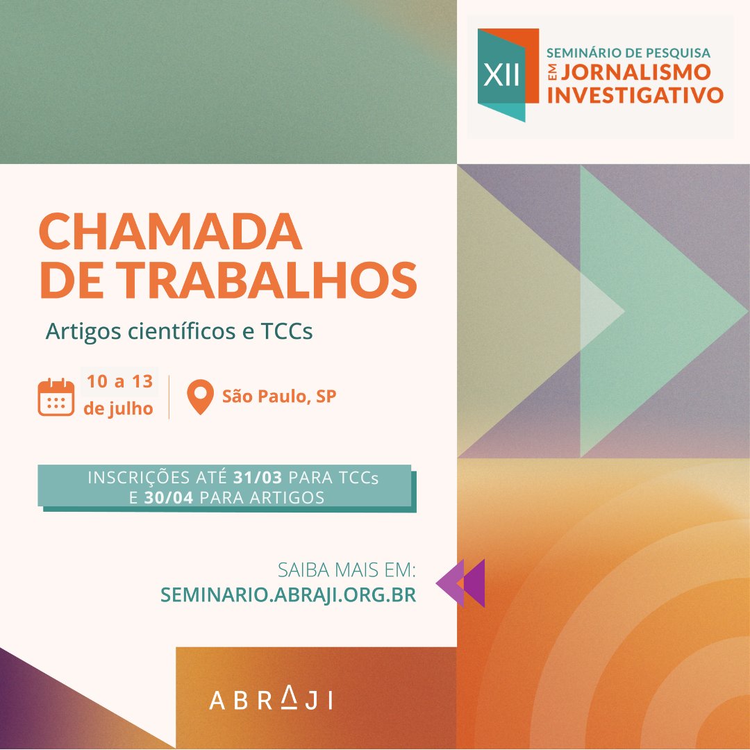 📢 A Abraji abriu a chamada de trabalhos para o XII Seminário de Pesquisa em Jornalismo Investigativo, que integra a programação do 20º Congresso Internacional da Abraji, de 10 a 13 de julho de 2025, na ESPM, em São Paulo.