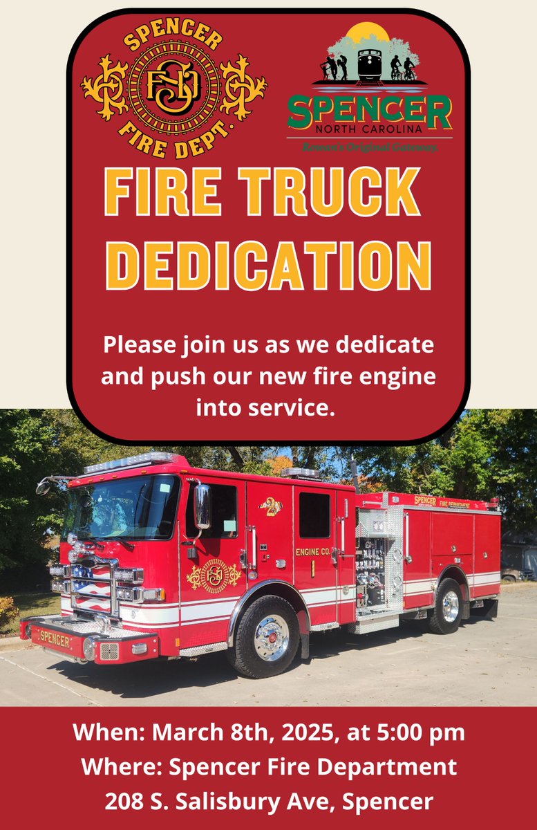 🚒 Join us on March 8th at 5:00pm for the dedication &amp; push-in ceremony of our new fire engine! 

📍208 S. Salisbury Ave, Spencer. Don't miss it!