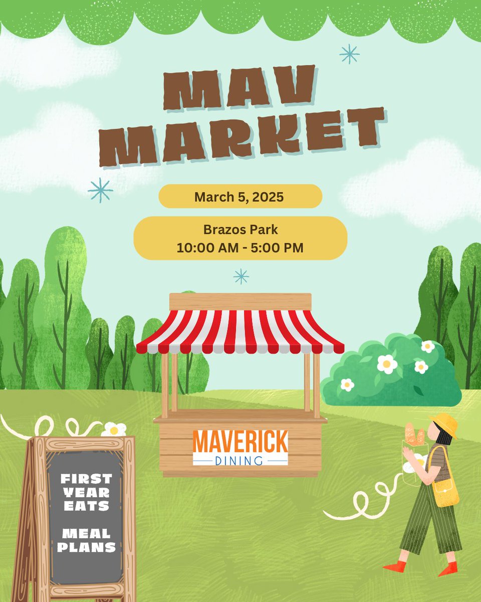 🌿✨ Come visit us at MAV MARKET! ✨🌿
We’ll be out tabling at Brazos Park on March 5th from 10 AM - 5 PM to chat about First Year Eats and meal plans! Stop by, ask questions, and pick up some free swag while you’re there! 🎒🍽️🎁