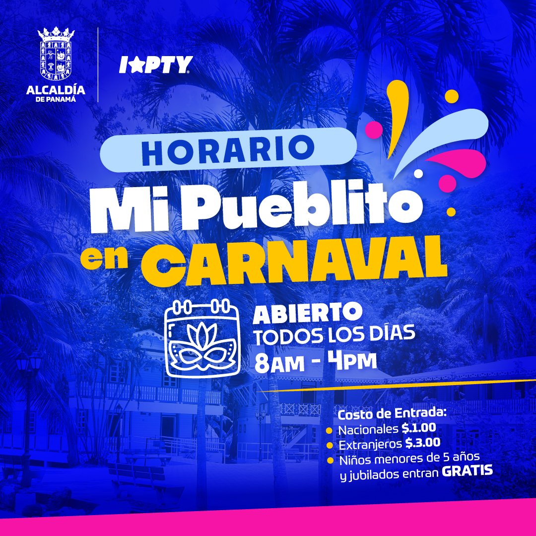 Panamaalcaldia's tweet photo. 🎭 Carnaval en Mi Pueblito 🎭

📅 Abierto todos los días | ⏰ 8:00 a.m. - 4:00 p.m.
🎟️ Entrada: Nacionales $1 | Extranjeros $3 | Niños -5 años y jubilados GRATIS

¡Vive la cultura y tradición en cada visita! https://t.co/C8dAU38CDf