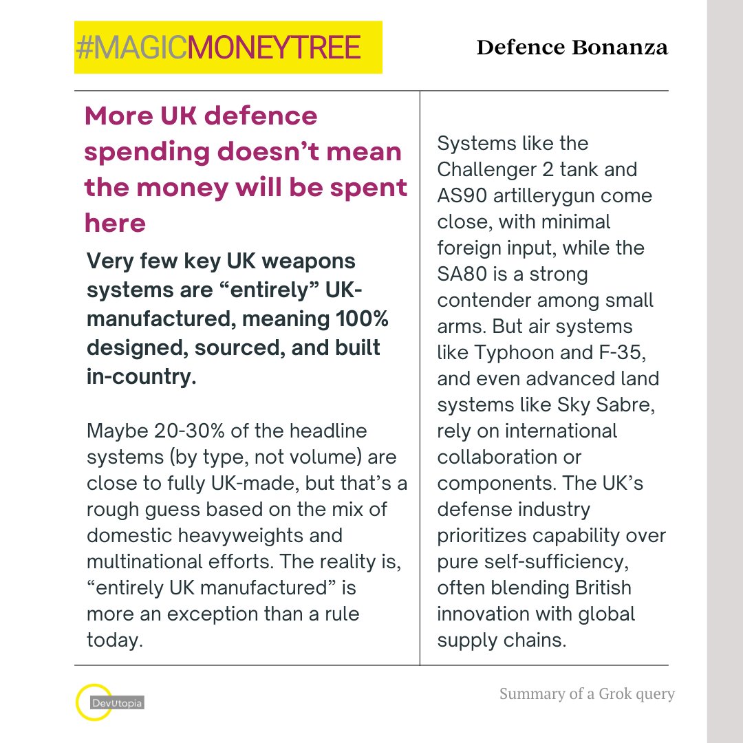 D_Raval's tweet image. The #MagicMoneyTree is back!
1/ We had no money for anything and had to let pensioners freeze but suddenly we&apos;ve got loads to spend on defence. One justification is that it will boost the economy and jobs.
It won&apos;t! This thread on why a massive chunk of the money will go abroad: