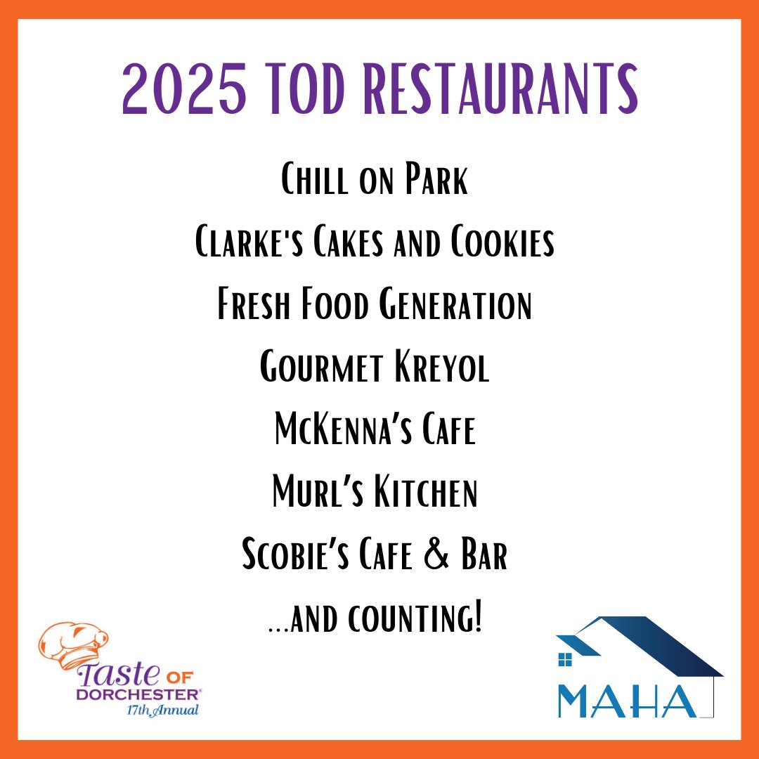 You won't want to miss this year's Taste of Dorchester! We already have a great line up of delicious local restaurants and we're still a couple months away. Get ready for April, and get those Early Bird tickets for only $40: mahahome.org/taste-dorchest…

#tasteofdorchester #TOD2025