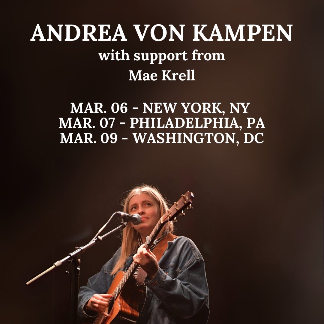 Andrea von Kampen (@avonkampen) on Twitter photo I have 3 headline shows coming up next week!! These will be duo shows with support from <a href="/maekrell/">mae</a>
3.6 - <a href="/CityVineyardNYC/">CityVineyardNYC</a>
3.7 - <a href="/citywineryphil/">City Winery Philadelphia</a>
3.9 - <a href="/SongbyrdDC/">Songbyrd Music House</a>
Tickets here:
andreavonkampen.com/tour-dates I have 3 headline shows coming up next week!! These will be duo shows with support from <a href="/maekrell/">mae</a>
3.6 - <a href="/CityVineyardNYC/">CityVineyardNYC</a>
3.7 - <a href="/citywineryphil/">City Winery Philadelphia</a>
3.9 - <a href="/SongbyrdDC/">Songbyrd Music House</a>
Tickets here:
andreavonkampen.com/tour-dates