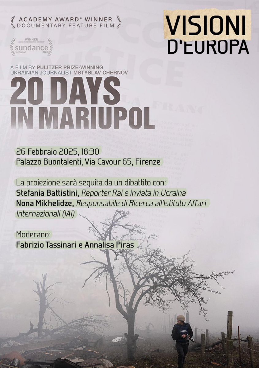 20 giorni a Mariupol - il documento dei primi giorni di assedio russo - davvero dovrebbe essere proiettato a reti unificate. Mstyslav Chernov ha vinto il Nobel Prize per questo
Stasera con <a href="/NonaMikhelidze/">Nona Mikhelidze</a>  <a href="/Fatassinari/">Fabrizio Tassinari</a>
