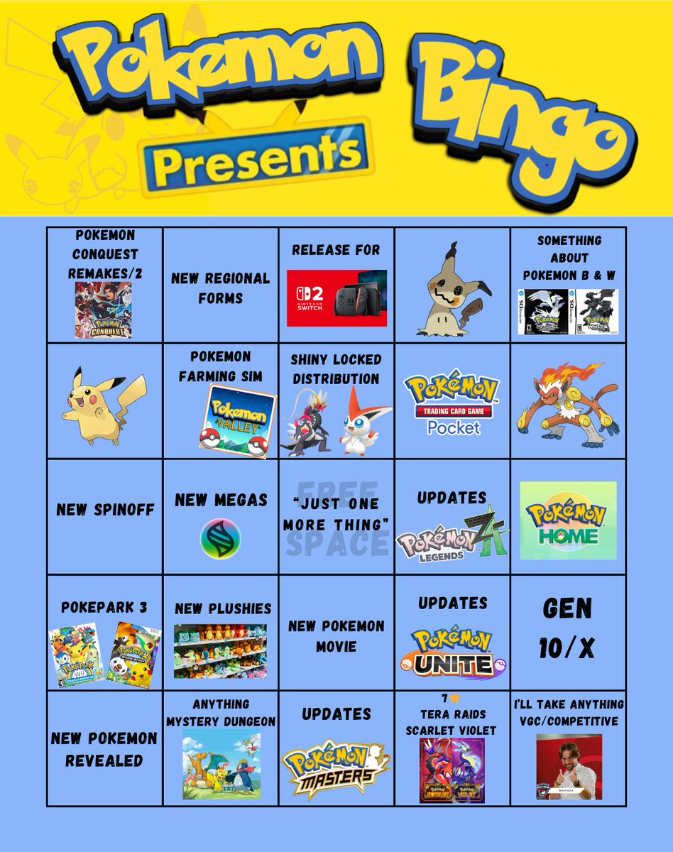 InfernoTK_'s tweet photo. Pokemon presents is later today so I made a bingo card for fun.

I'm just hoping for 1 specific hit 1 singular specific  thing on this card to appear please please please https://t.co/UAS6tm1QZQ