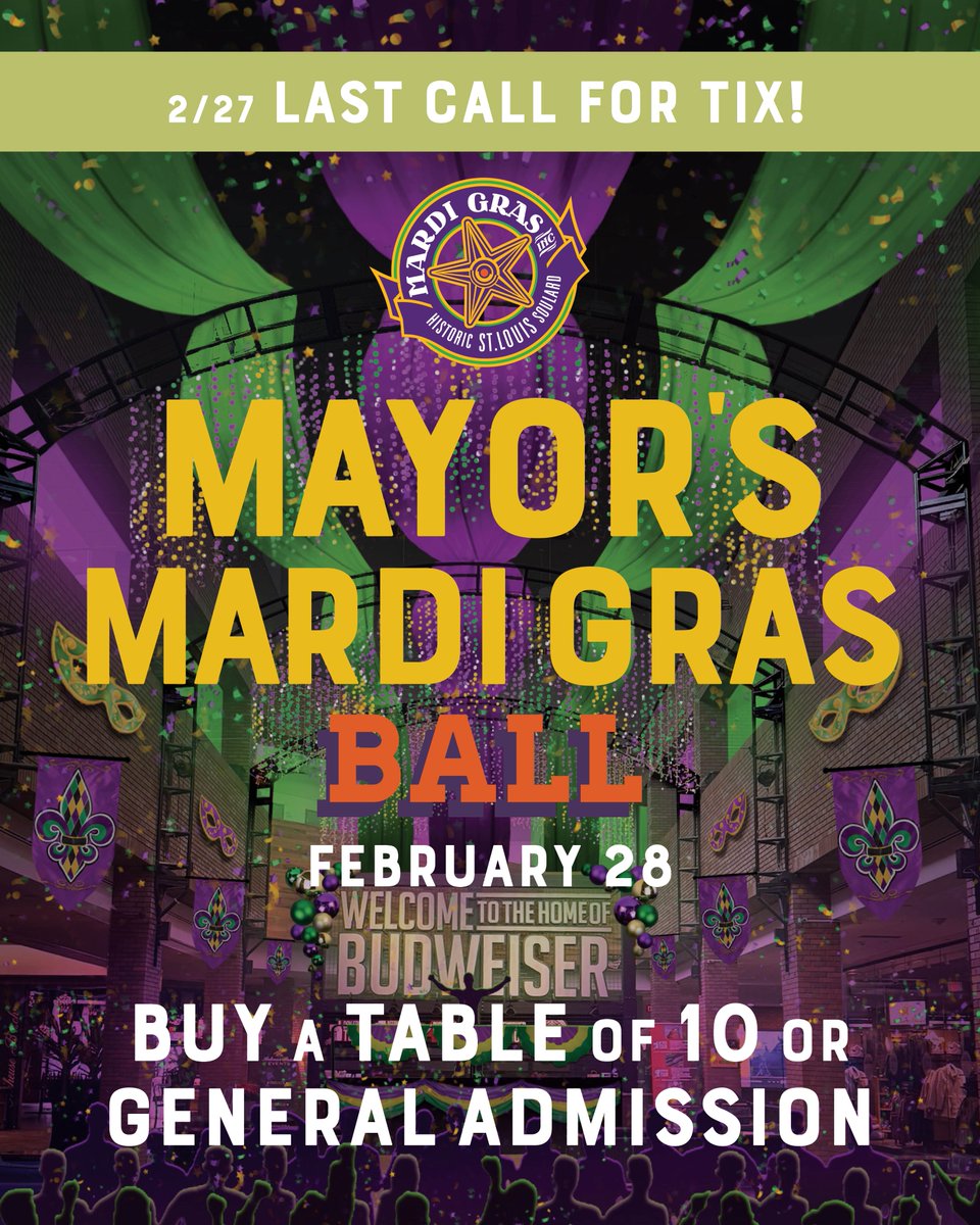 Last call for Mayor’s Ball tickets! General Admission + Tables of 10 available at: 

stlmardigras.org/events/mayors-…

𝕃𝕒𝕚𝕤𝕤𝕖𝕫 𝕝𝕖𝕤 𝕓𝕠𝕟𝕤 𝕥𝕖𝕞𝕡𝕤 𝕣𝕠𝕦𝕝𝕖𝕣 🪩

#stlmardigras #stlouisgram #stlouismo #stlouisevents #stlmade #stlmayorsball