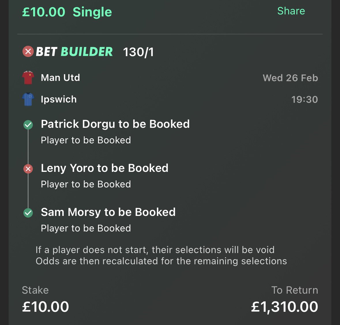 GazWells's tweet photo. @bet365help how come this has settled as a loss when Yoro get a yellow card? https://t.co/lydrmWYF1M