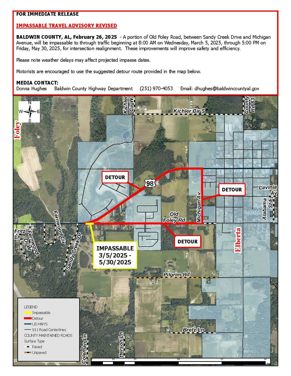 OLD FOLEY ROAD, BETWEEN SANDY CREEK DRIVE AND MICHIGAN AVENUE
IMPASSABLE TRAVEL ADVISORY REVISED

A portion of Old Foley Road, between Sandy Creek Drive and Michigan Avenue, will be impassable to through traffic beginning at 8:00 AM on Wednesday, March 5, 2025, through 5:00 PM...