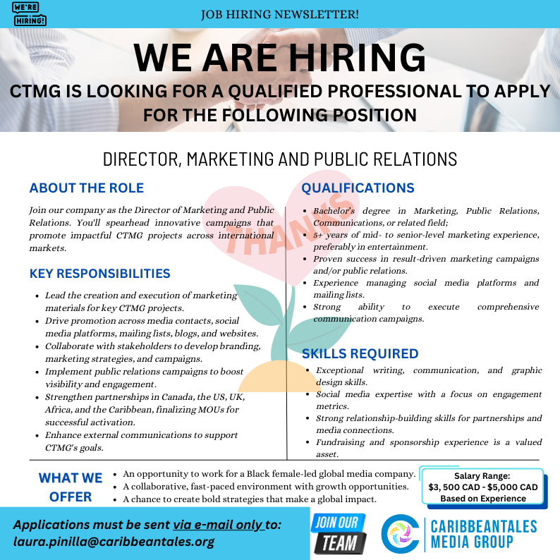 CineFAMWOC (@cinefamwoc) on Twitter photo 🚀Join Our Team as Director of Marketing and PR!📷
We’re seeking a dynamic leader to drive global marketing campaigns for CTMG.
Ready to make an impact? Apply now!
📧laura.pinilla@caribbeantales.org
#Marketing #PR #JobOpportunity #CTMG #caribbeantales #caribbeantalesmediagroup 🚀Join Our Team as Director of Marketing and PR!📷
We’re seeking a dynamic leader to drive global marketing campaigns for CTMG.
Ready to make an impact? Apply now!
📧laura.pinilla@caribbeantales.org
#Marketing #PR #JobOpportunity #CTMG #caribbeantales #caribbeantalesmediagroup