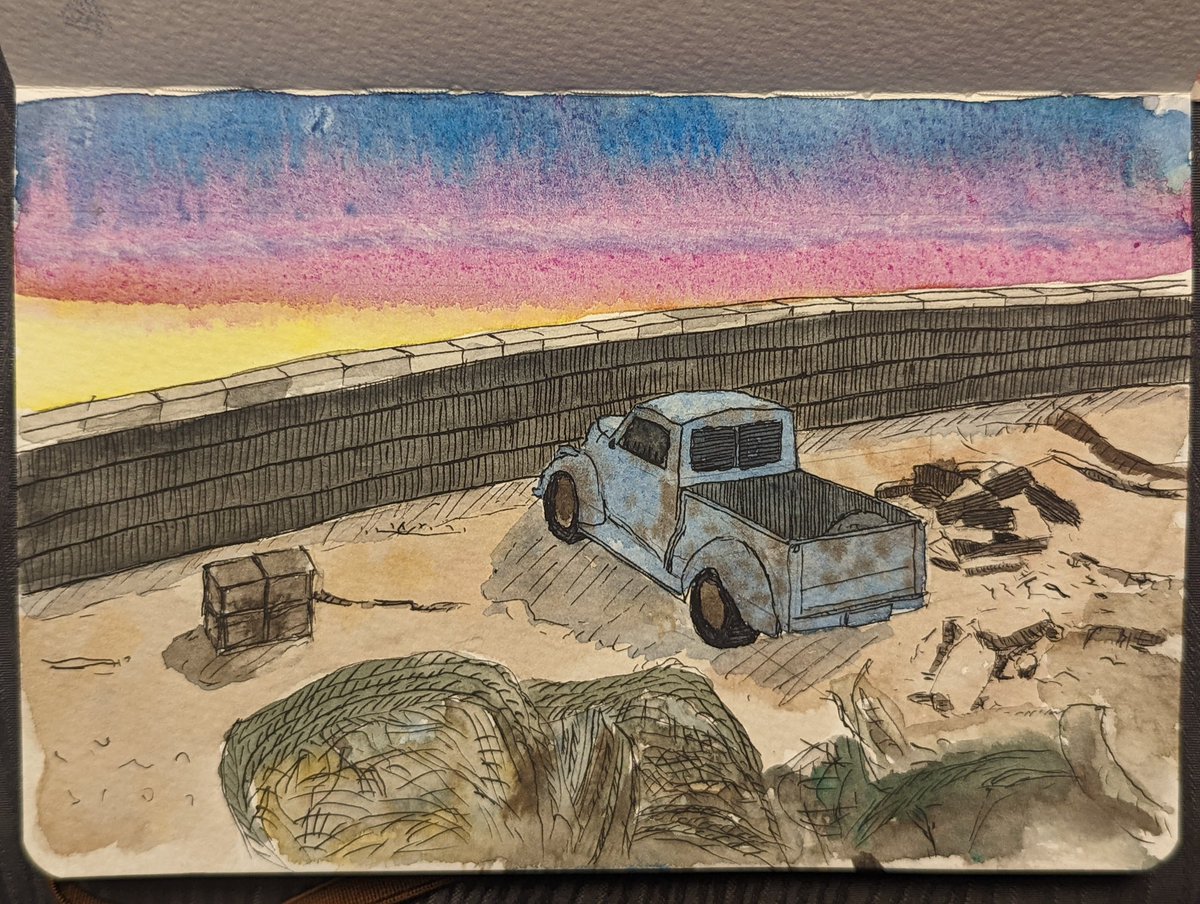 Lhet's tweet image. #14 Truck by the cliff
Completely switched up the sky, I didn't really get the smooth gradient I wanted - need to practice skies. I didn't plan out the rubble very well, but I think each individual element looks alright.
#watercolor #lineandwash