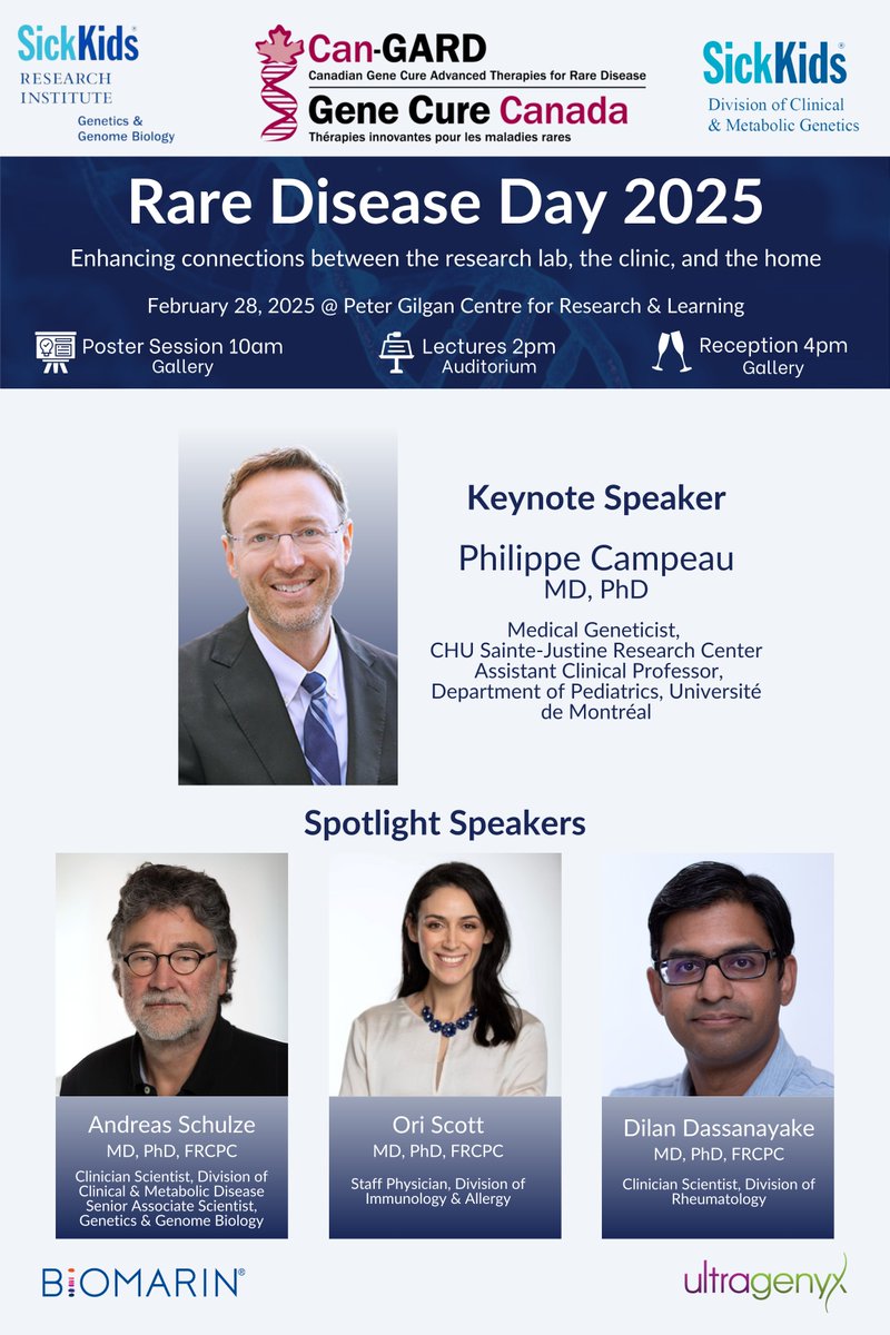 Join us virtually this Friday Feb 28, 2025

<a href="/SickKidsNews/">The Hospital for Sick Children (SickKids)</a> Rare Disease Day 2025 
"Enhancing connections between the research lab, the clinic and the home"    

Keynote speaker: Dr. Philippe Campeau <a href="/PCampeau_Lab/">Philippe Campeau Lab pcampeaulab.org</a> 

Register here➡️ : shorturl.at/qHB5f
 #RareDiseaseDay2025