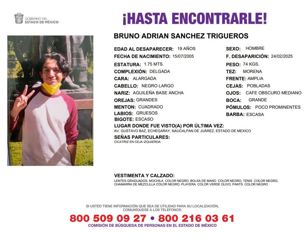 SoyNaucalpan's tweet image. ⚪ Nos piden compartir y su colaboración... SE BUSCA a Bruno Adrián Sánchez Trigueros, de 19 años, fue visto por última vez en la Av. Gustavo Baz en Echegaray #Naucalpan. Cualquier información que dé con su paradero, comunicarse al 800 509 0927