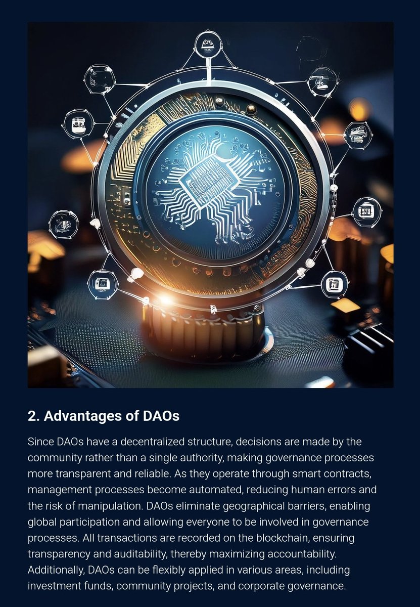 dao_avukat's tweet photo. Since DAOs have a decentralized structure, decisions are made by the community rather than a single authority, making governance processes more transparent and reliable. #DAO #Innovation https://t.co/8Z3Q9C7giE