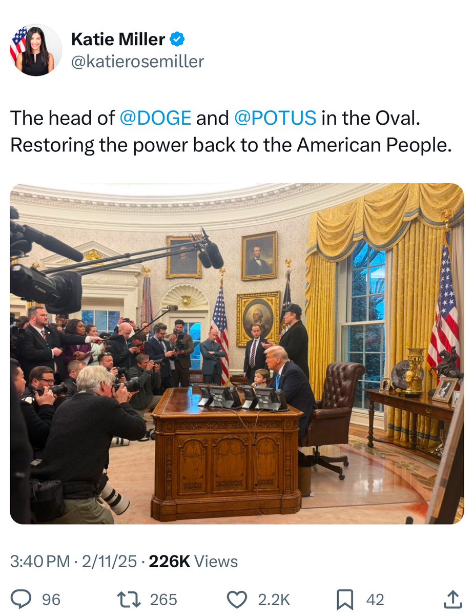 AnnaBower's tweet image. Missed this at the time but here’s another example of a WH staffer calling Elon Musk the “head of DOGE” even though the government has claimed in court that Musk is neither the administrator nor an employee of DOGE and that he doesn’t have the power to do anything other than…