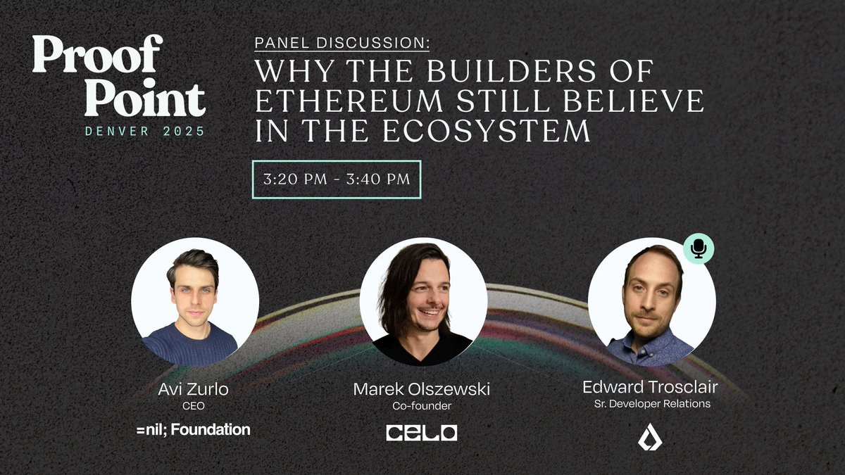 10/
⏰3:20-3:40PM
💬 Panel: Why the Builders of Ethereum Still Believe in the Ecosystem
🎤 Panelists:
⭐<a href="/avizurlo/">avi</a> (<a href="/nil_foundation/">=nil; Foundation</a>)
⭐<a href="/marek_/">mareko.eth | Celo L2 🦇🌳</a> (<a href="/Celo/">Celo.eth/acc 🦇 🌳</a>)
⭐Mod: @edwardLSK (<a href="/LiskHQ/">Lisk</a>)