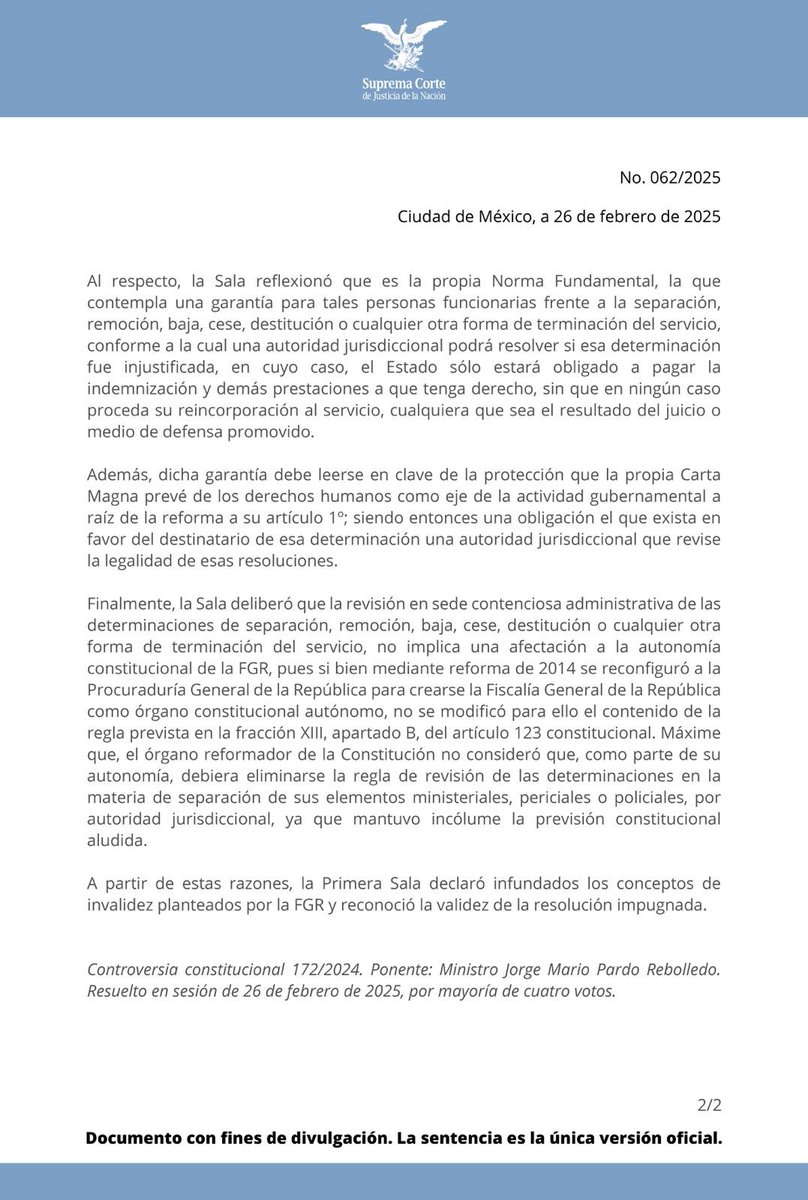SCJN's tweet photo. El Tribunal Federal de Justicia Administrativa es competente para conocer de las resoluciones en las que se determine la separación del personal de la Fiscalía General de la República: #PrimeraSalaSCJN https://t.co/6Q7qqkmoUX https://t.co/6GM1iuSNSG