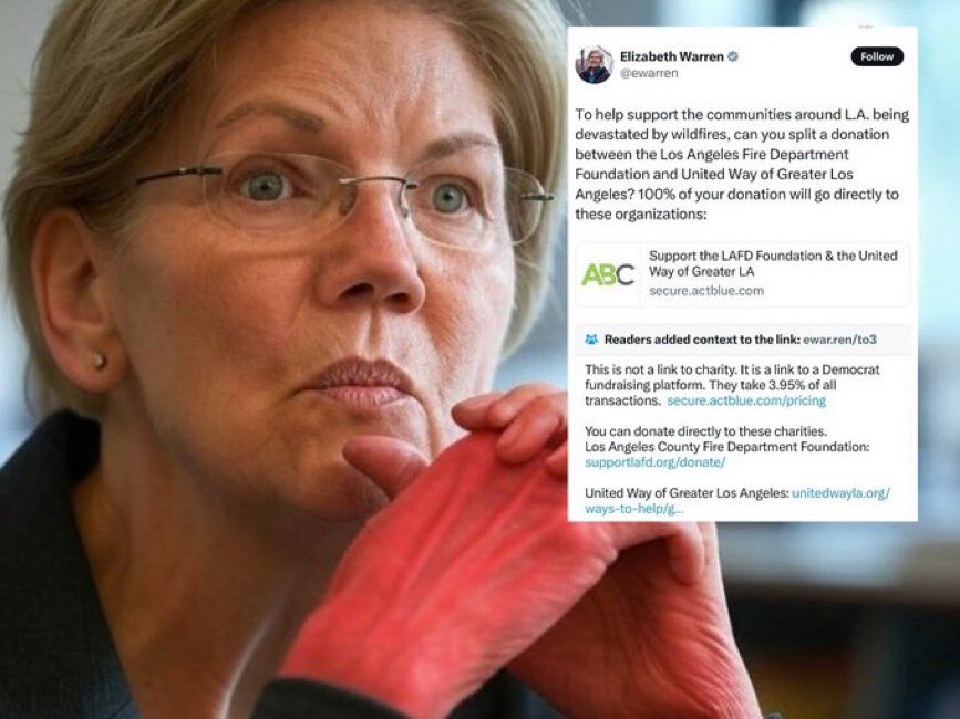 Just a quick reminder, that Elizabeth Warren was caught diverting funds intended for victims of the LA fires to ActBlue... incredible 

Media's ignoring this scandal so you know exactly what to do, we are the media now