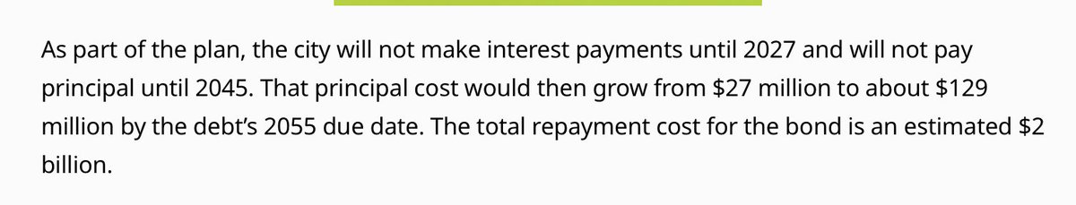 SullyCNBC's tweet image. Chicago wants to borrow $2 billion to raise just $830 million.  

The city won't make any payments until 2027 (the year of the next election) and pay no principal for 25 years.  

Over that time the principal payment will soar about 370%.

Everyone knows the city needs money for…