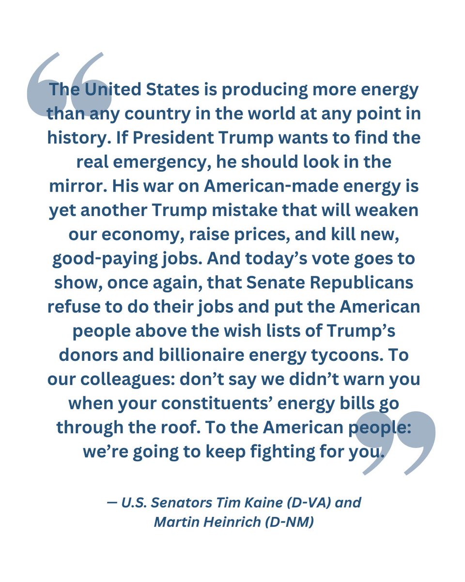 Senator Tim Kaine (@sentimkaine) on Twitter photo Trump is the energy emergency—and he’s killing jobs and raising costs. My joint statement with <a href="/SenatorHeinrich/">Martin Heinrich</a> regarding Republicans’ rubber-stamping of Trump’s war on affordable, American-made energy: Trump is the energy emergency—and he’s killing jobs and raising costs. My joint statement with <a href="/SenatorHeinrich/">Martin Heinrich</a> regarding Republicans’ rubber-stamping of Trump’s war on affordable, American-made energy: