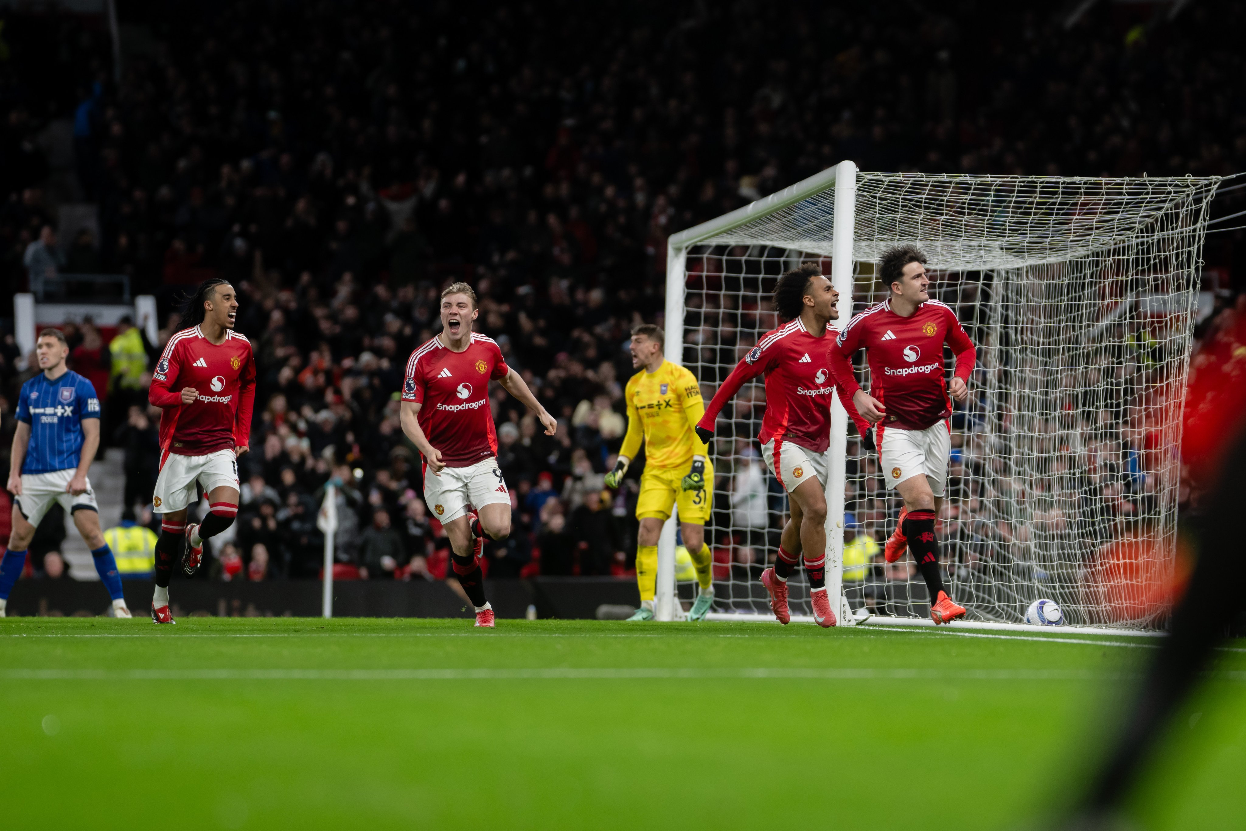 Harry Maguire and the Reds celebrate his winning goal v Ipswich.