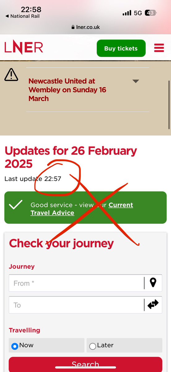 haroldraitt's tweet photo. @LNER Whether it’s your company policy to state on your website that “service is good” (and post links here to that page, saying that’s where we should check for further info) when it clearly isn’t … delays happen in 2025; (deliberately?) poor info shouldn’t. @RailOmbudsman https://t.co/4VMcMClqyJ