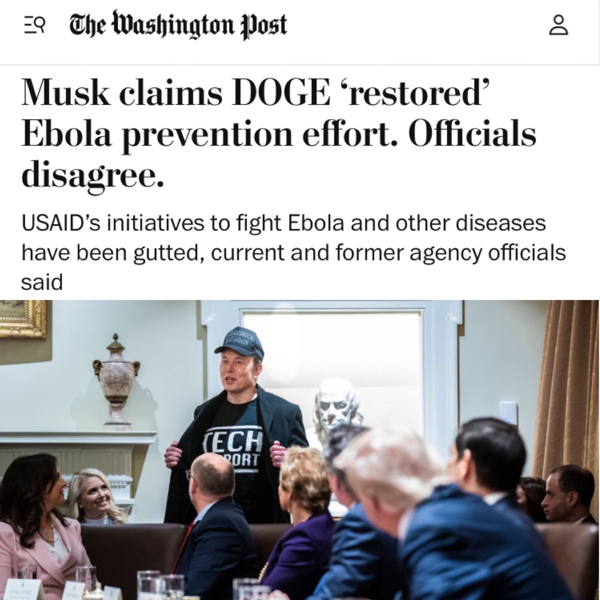 Dan Diamond (@ddiamond) on Twitter photo Elon Musk said DOGE made a mistake by cutting USAID’s Ebola prevention but it had been “restored.”
That’s not true, current and former officials told me and <a href="/John_Hudson/">John Hudson</a>.
“There have been no efforts to ‘turn on’” Ebola prevention, said Nidhi Bouri, who oversaw team til January. Elon Musk said DOGE made a mistake by cutting USAID’s Ebola prevention but it had been “restored.”
That’s not true, current and former officials told me and <a href="/John_Hudson/">John Hudson</a>.
“There have been no efforts to ‘turn on’” Ebola prevention, said Nidhi Bouri, who oversaw team til January.