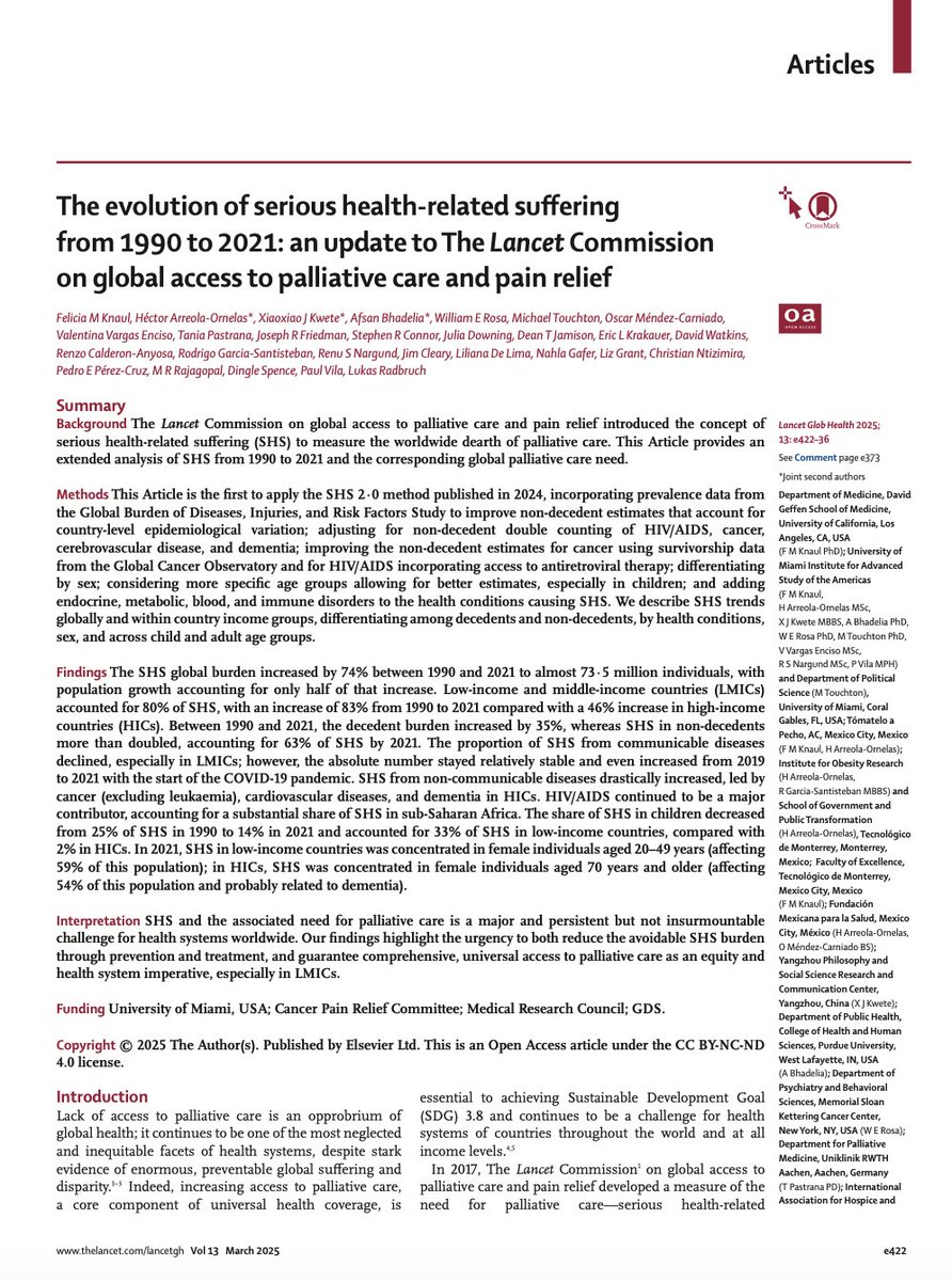 Felicia Knaul (@feliciaknaul) on Twitter photo The overwhelming burden of serious health-related suffering (SHS) in the world is placed on LMICs.
🔴Our latest paper in The <a href="/LancetGH/">The Lancet Global Health</a> provides new SHS estimates that delve into how this burden developed from 1990 to 2021.📊
thelancet.com/journals/langl…
<a href="/BillyRosaPhD/">Billy Rosa, PhD, MBE, APRN</a> <a href="/harreolao/">Héctor Arreola-Ornelas</a> The overwhelming burden of serious health-related suffering (SHS) in the world is placed on LMICs.
🔴Our latest paper in The <a href="/LancetGH/">The Lancet Global Health</a> provides new SHS estimates that delve into how this burden developed from 1990 to 2021.📊
thelancet.com/journals/langl…
<a href="/BillyRosaPhD/">Billy Rosa, PhD, MBE, APRN</a> <a href="/harreolao/">Héctor Arreola-Ornelas</a>