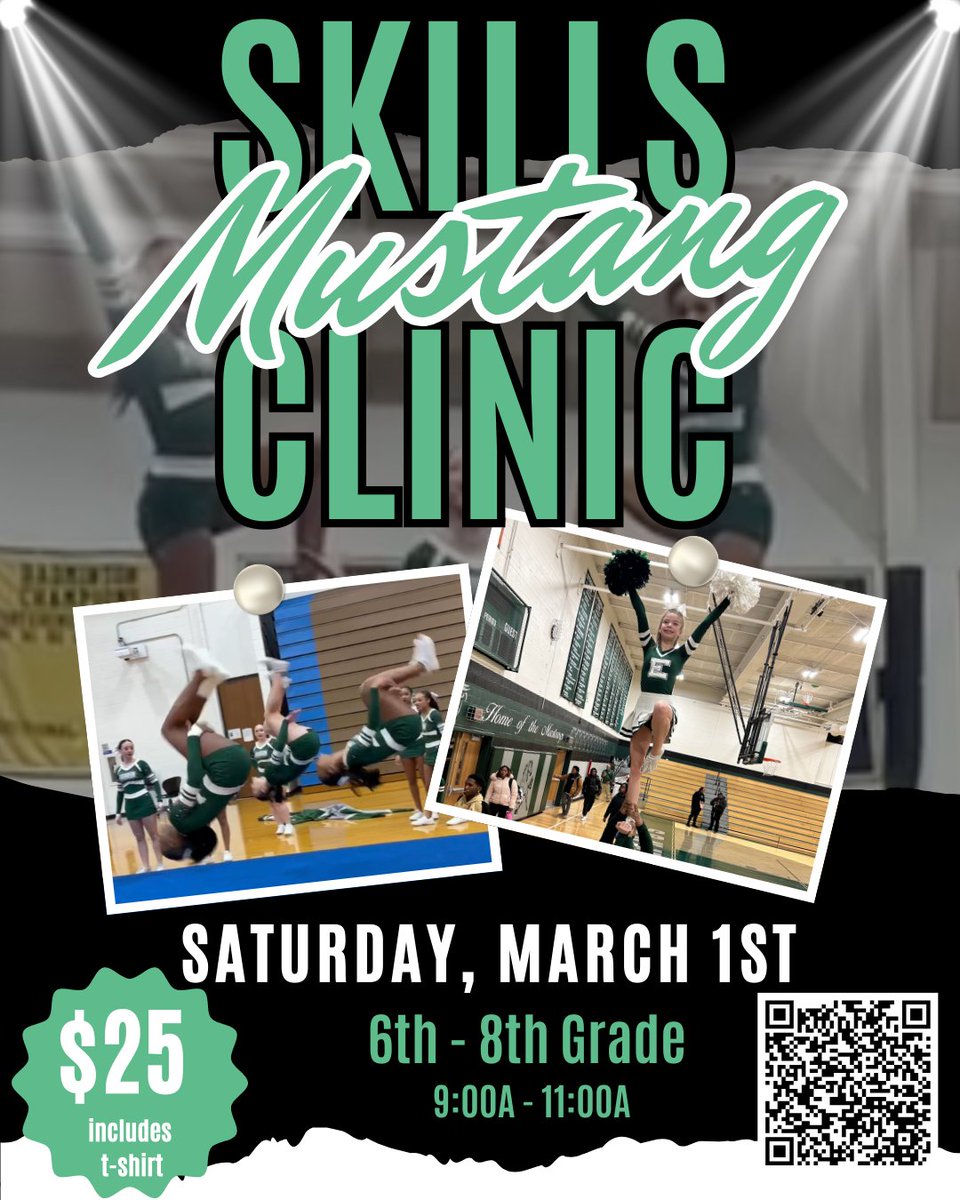 EPCHS (@epchs231) on Twitter photo Attention #FutureMustangs!
Join <a href="/cheer_ep/">EPCHS Mustang Cheer</a> this Saturday for a Skills Clinic. Work with Mustang cheerleaders and coaches on tumbling, jumps, and stunts. Come see what the Mustang Cheer Team is all about!
Donât miss out on this exciting opportunity! Use the QR code to sign up. Attention #FutureMustangs!
Join <a href="/cheer_ep/">EPCHS Mustang Cheer</a> this Saturday for a Skills Clinic. Work with Mustang cheerleaders and coaches on tumbling, jumps, and stunts. Come see what the Mustang Cheer Team is all about!
Donât miss out on this exciting opportunity! Use the QR code to sign up.