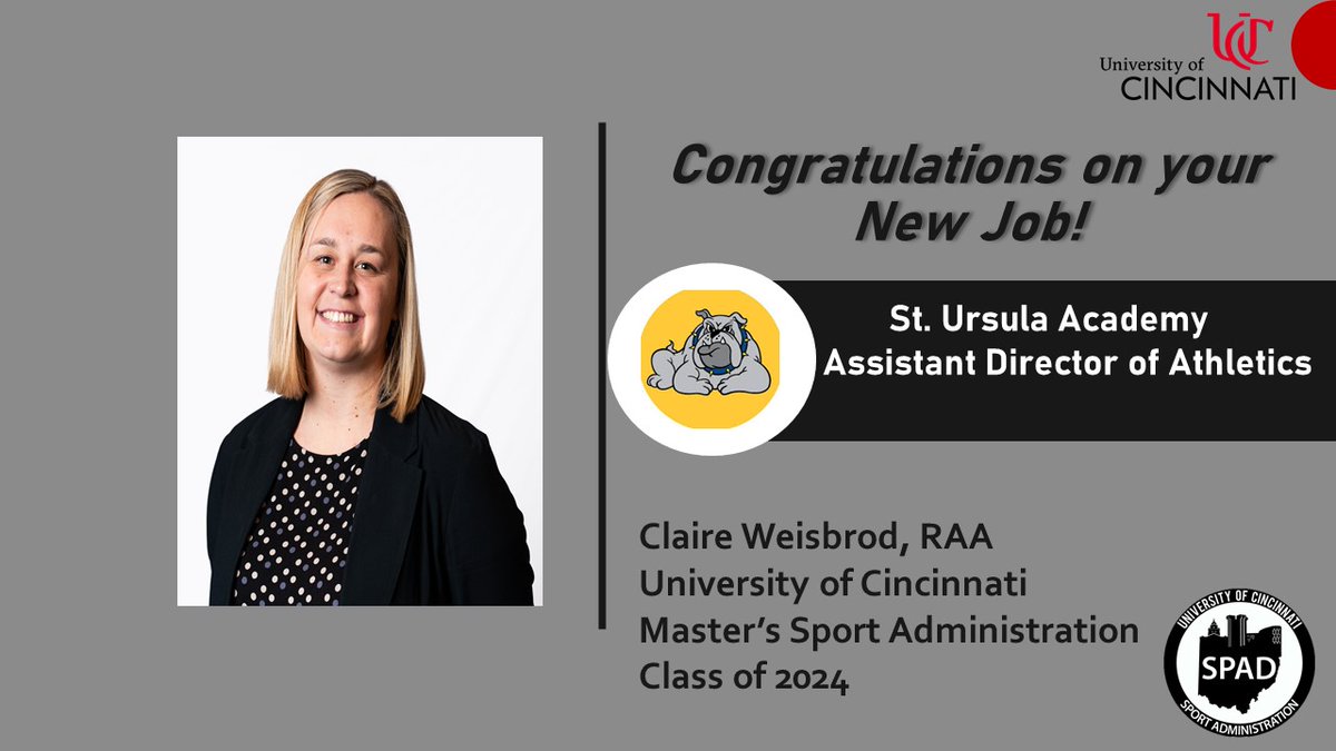 Dr. Dave Kelley-UC; CMAA (@drkelleyuc) on Twitter photo Let's bang the drum π₯ and give a special SHOUTOUT π’ to <a href="/UC_SPAD/">UC SPAD Program</a> Master's Class of 2024 <a href="/cweis35/">Claire Weisbrod</a> on being named the new Assistant Director of Athletics at <a href="/SUABULLDOGS/">Saint Ursula Academy</a> ! The #CradleofAthleticDirectors just grew even stronger!! CONGRATS CLAIRE!!! Let's bang the drum π₯ and give a special SHOUTOUT π’ to <a href="/UC_SPAD/">UC SPAD Program</a> Master's Class of 2024 <a href="/cweis35/">Claire Weisbrod</a> on being named the new Assistant Director of Athletics at <a href="/SUABULLDOGS/">Saint Ursula Academy</a> ! The #CradleofAthleticDirectors just grew even stronger!! CONGRATS CLAIRE!!!