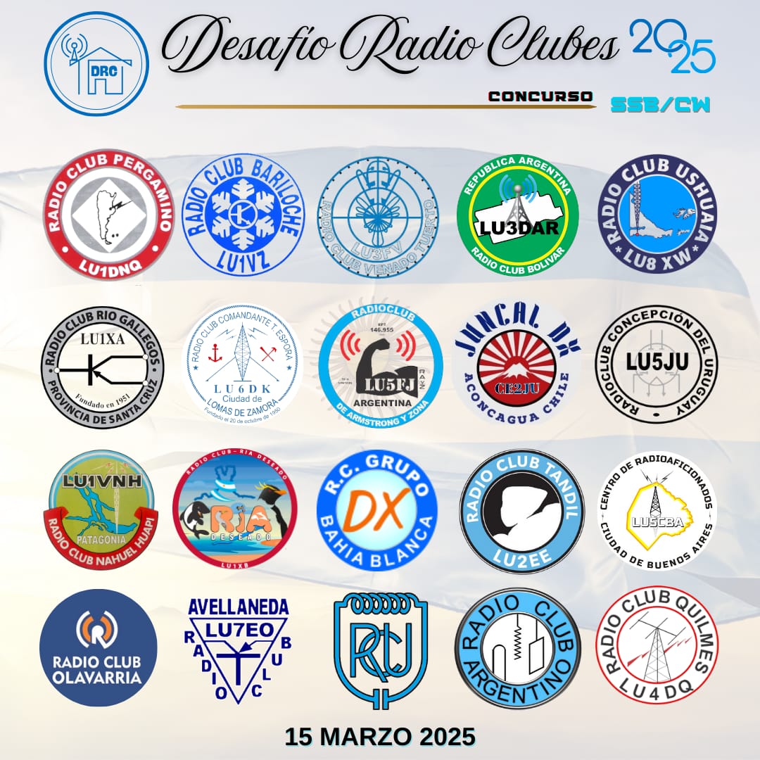 📢 Invitación a participar del concurso - 🎙️ Desafío Radio Clubes (DRC) SSB/CW Edición 2025 🎯
📅 Día: 15 de marzo de 2025
⏰ Horario: UTC: de 20:00 a 23:59
📡 Bandas: 40 y 10, en los modos SSB y CW  
📜 Reglas: 📻 lu4dq.qrits.com.ar/activities/127
🚀 ¡No te lo pierdas y compártelo!