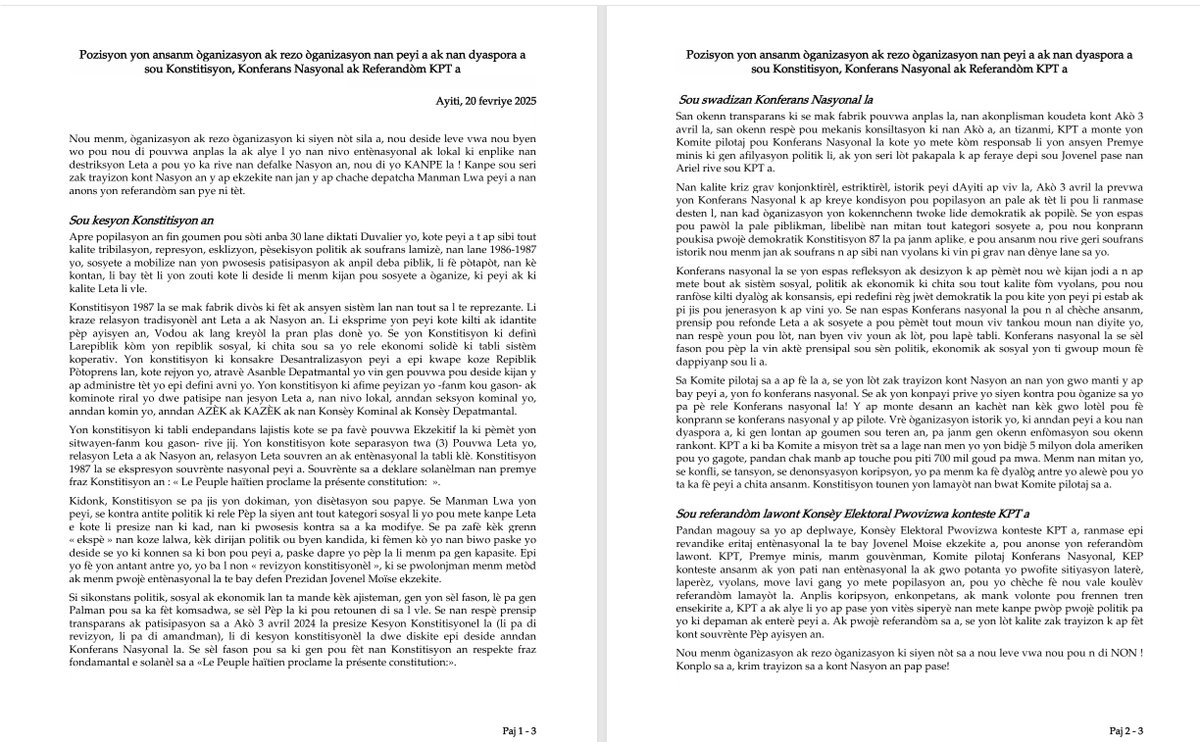 BSA_Montana3008's tweet image. Sa se Pozisyon BSA ak +pase 500 òganizasyon ak rezo òganizasyon nan peyi a ak nan dyaspora a sou kesyon Konstitisyon-Konferans Nasyonal-Referandòm KPT a. Klike sou online.fliphtml5.com/hguvg/bkch/ pou kreyòl;/ online.fliphtml5.com/hguvg/hbay/ pou angle a. #Ayiti #Haiti #haitianos #ayisyenpouAyiti