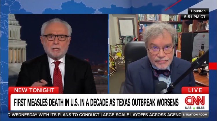Prof Peter Hotez MD PhD (@peterhotez) on Twitter photo Many thanks <a href="/wolfblitzer/">Wolf Blitzer</a> for hosting me <a href="/CNNSitRoom/">The Situation Room</a> on a very large and dangerous measles epidemic in West Texas with our first reported measles death in an unvaccinated school-aged child, an awful tragedy. But we’re still early… Many thanks <a href="/wolfblitzer/">Wolf Blitzer</a> for hosting me <a href="/CNNSitRoom/">The Situation Room</a> on a very large and dangerous measles epidemic in West Texas with our first reported measles death in an unvaccinated school-aged child, an awful tragedy. But we’re still early…