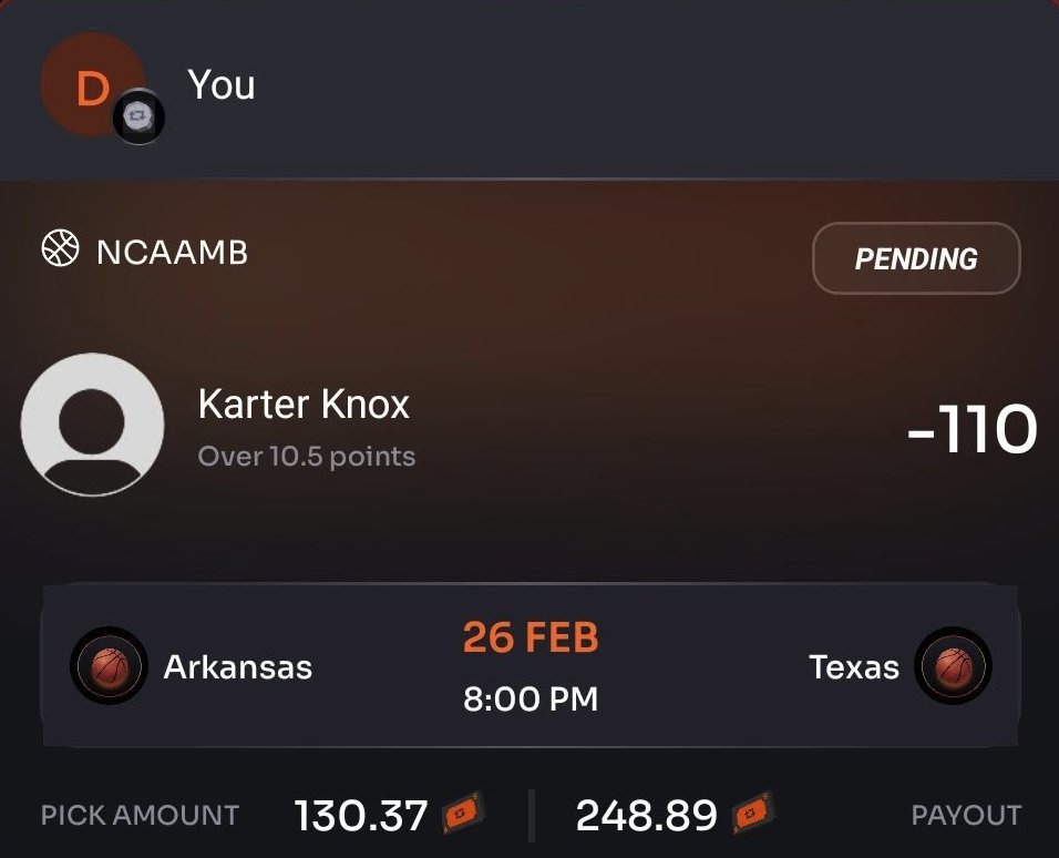 thedaybettor's tweet image. Quick n easy $10 with @OddsJam mobile alerts 🔥
Karter Knox over 10.5 Pts - win $140.88 on Rebet (fully limited), lose $108.21 on ProphetX (never limits) = $10.31 profit
Under - win $140.68 on ProphetX, lose $130.37 on Rebet = $10.31 profit
Try free 7 days with code: WINNING