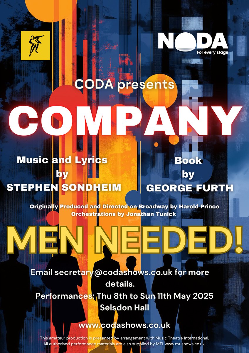 MEN NEEDED!

Auditions for our May production of Company by #Sondheim went very well for the female roles. But we desperately need more men! Please see codashows.co.uk/current-season…… for details or email secretary@codashows.co.uk.  #Audition #Croydon #Theatre

<a href="/SondheimSociety/">Sondheim Society</a>