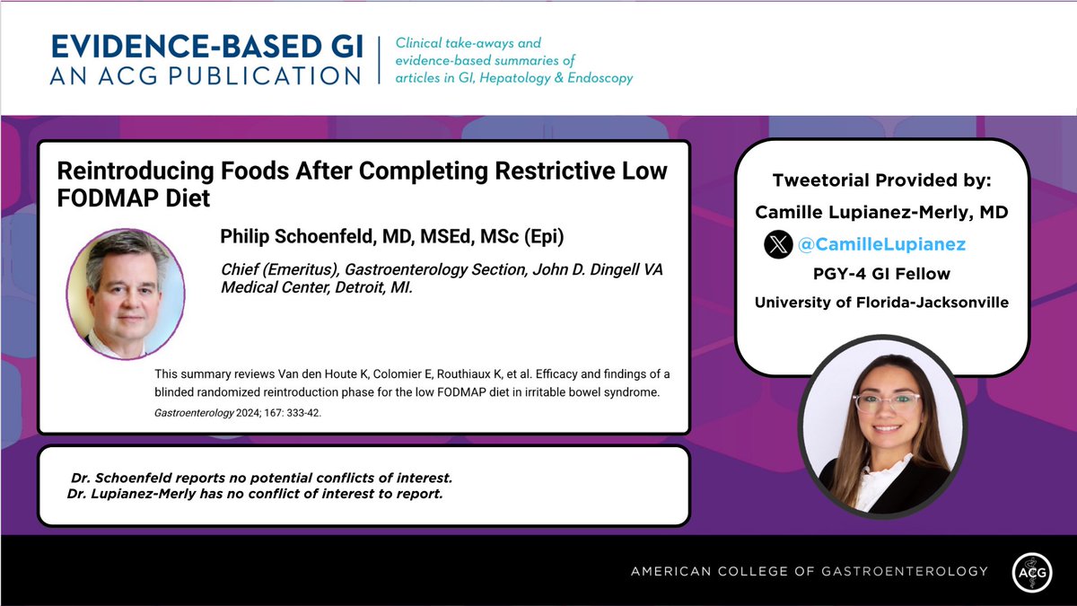 Evidence-Based GI: An ACG Publication (EBGI) (@acg_ebgi) on Twitter photo 1/ ⏰ for #EBGI Tweetorial🧵w/ <a href="/CamilleLupianez/">Camille Lupiáñez-Merly, MD</a>!
“Reintroducing Foods After Completing Restrictive Low FODMAP Diet”
📜Summary: shorturl.at/YPUgx
🎧: shorturl.at/43sI4
📰 DOI: 10.1053/j.gastro.2024.02.008
#GITwitter 1/ ⏰ for #EBGI Tweetorial🧵w/ <a href="/CamilleLupianez/">Camille Lupiáñez-Merly, MD</a>!
“Reintroducing Foods After Completing Restrictive Low FODMAP Diet”
📜Summary: shorturl.at/YPUgx
🎧: shorturl.at/43sI4
📰 DOI: 10.1053/j.gastro.2024.02.008
#GITwitter